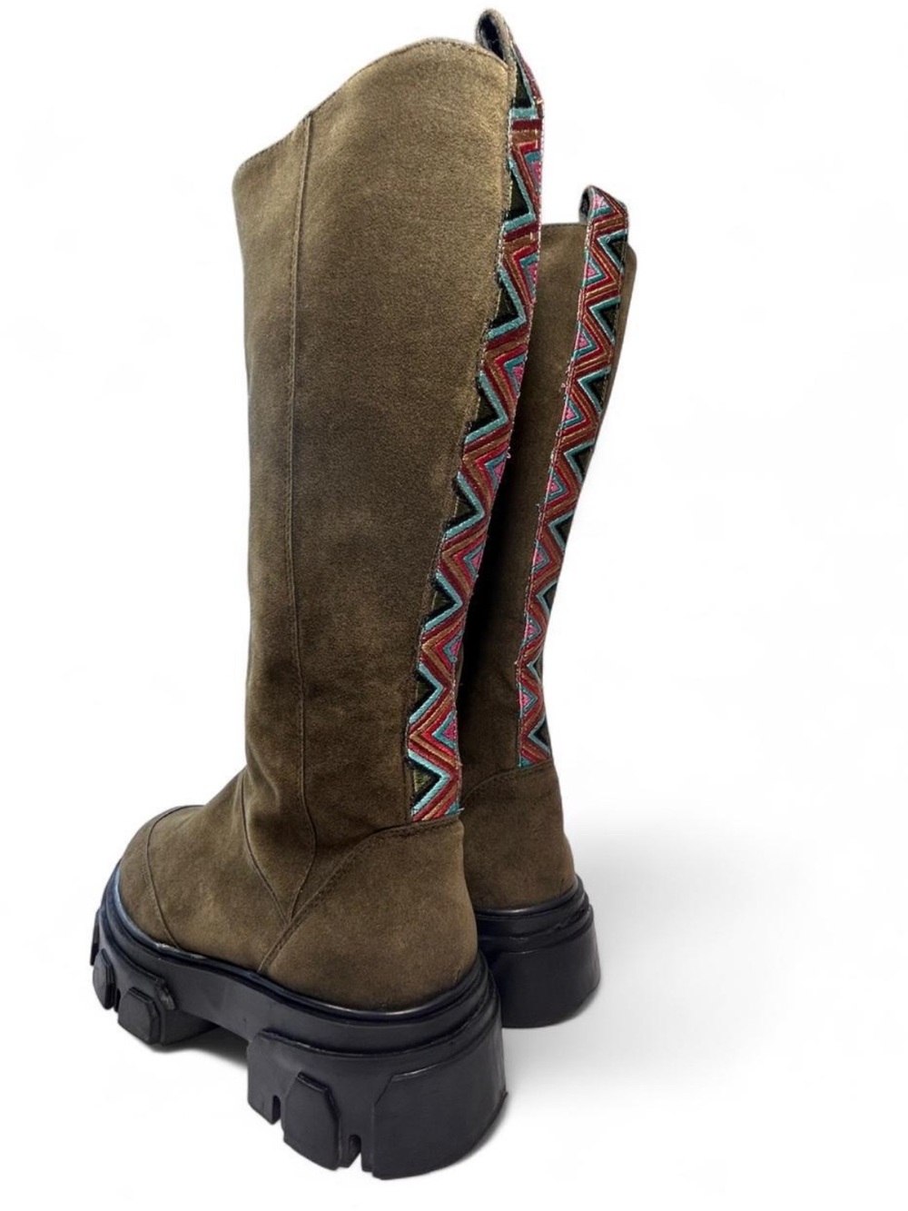 FARM Rio Knee-High Embroidered Faux Suede Lug-Sole Boots, Olive Green, Side Zip